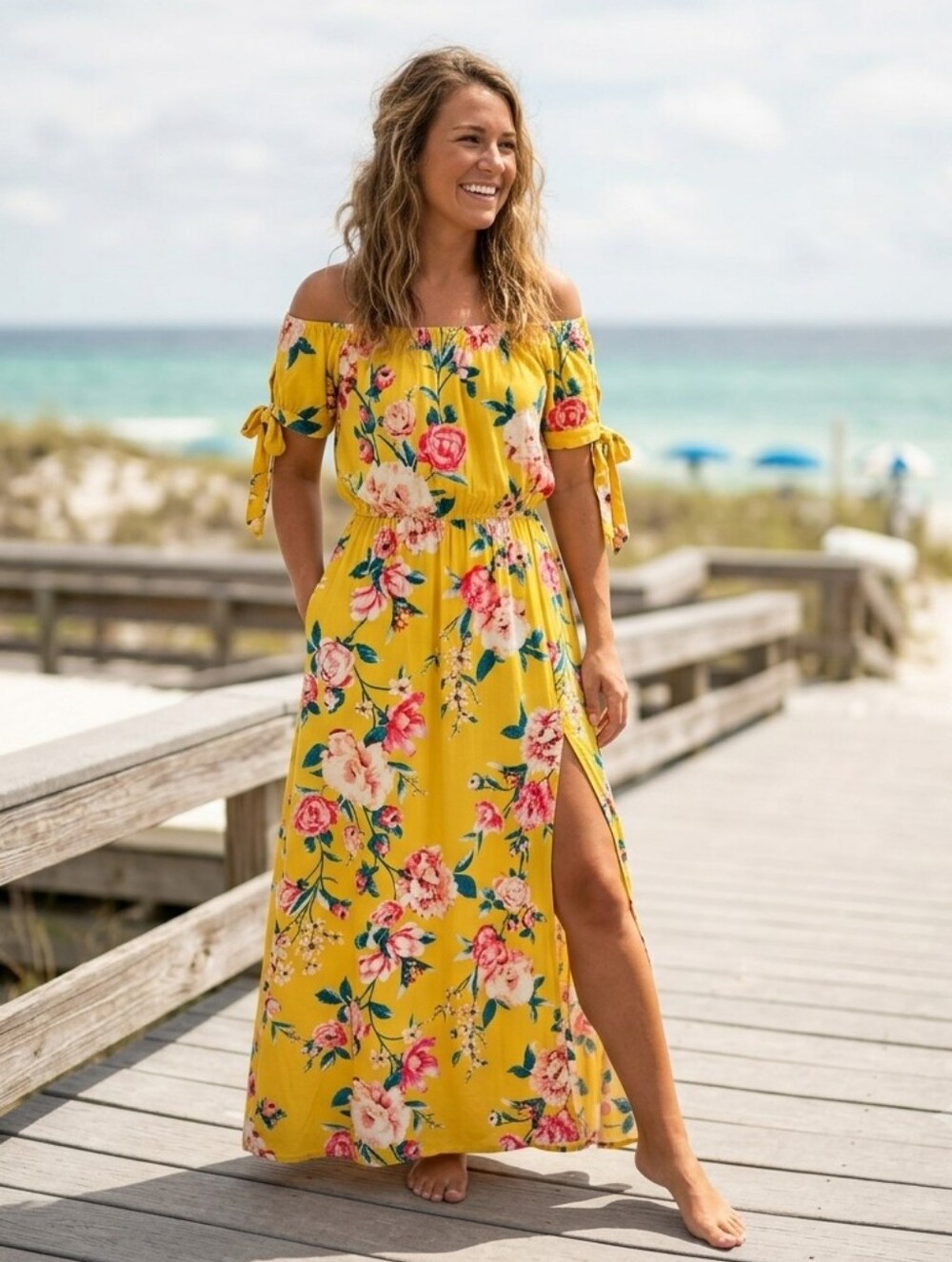 Band of Gypsies Yellow Floral Off Shoulder Maxi Dress L - Picture 1 of 16